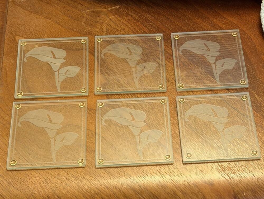 COASTERS Kate Aspen Art Deco SET of 6 Calla Lilies Flower Frosted Glass 3533-65